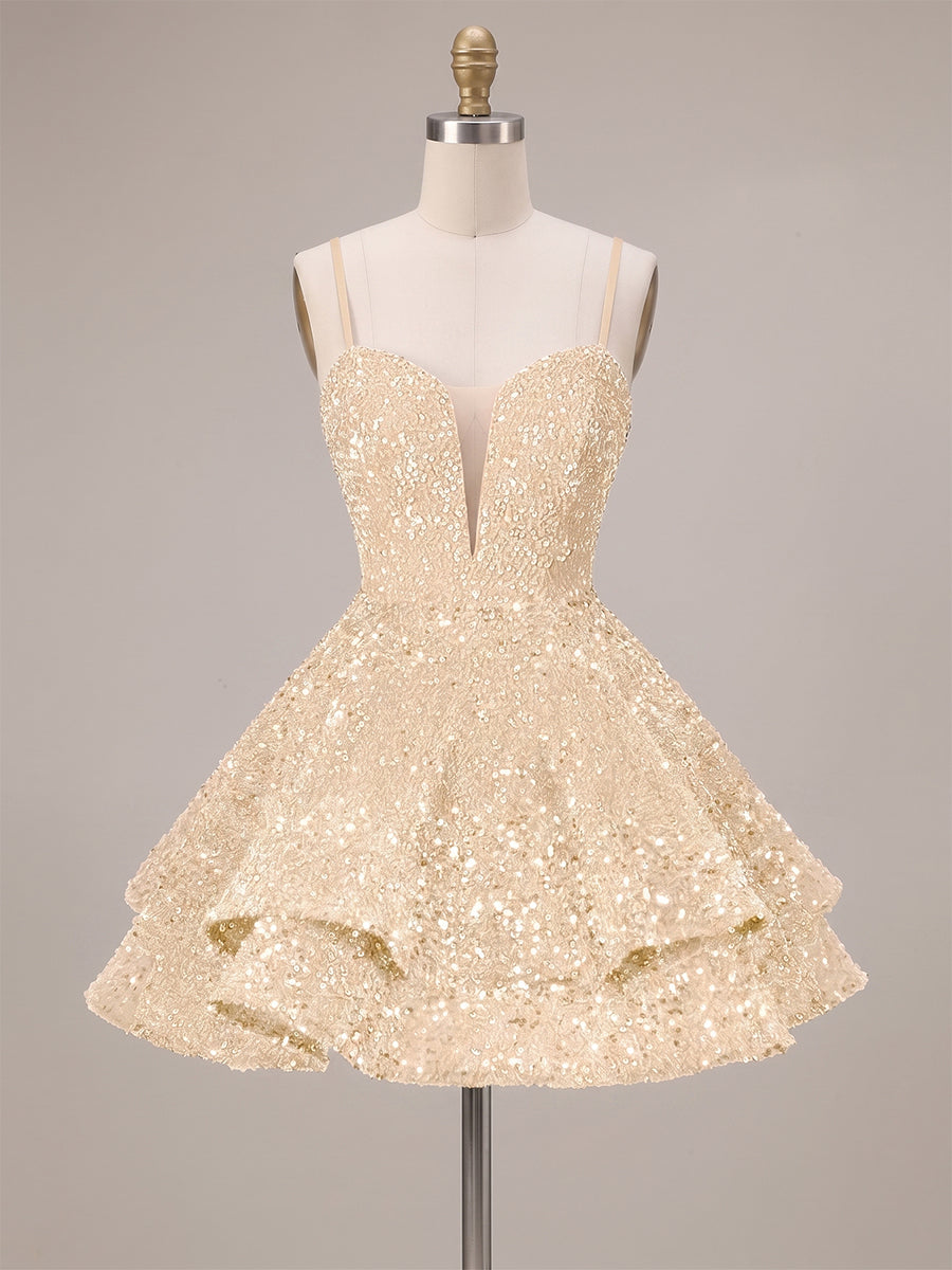 A-Line/Princess Sequin Mini Homecoming Dresses with Spaghetti Straps & Tiered Layers