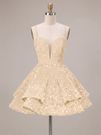 A-Line/Princess Sequin Mini Homecoming Dresses with Spaghetti Straps & Tiered Layers