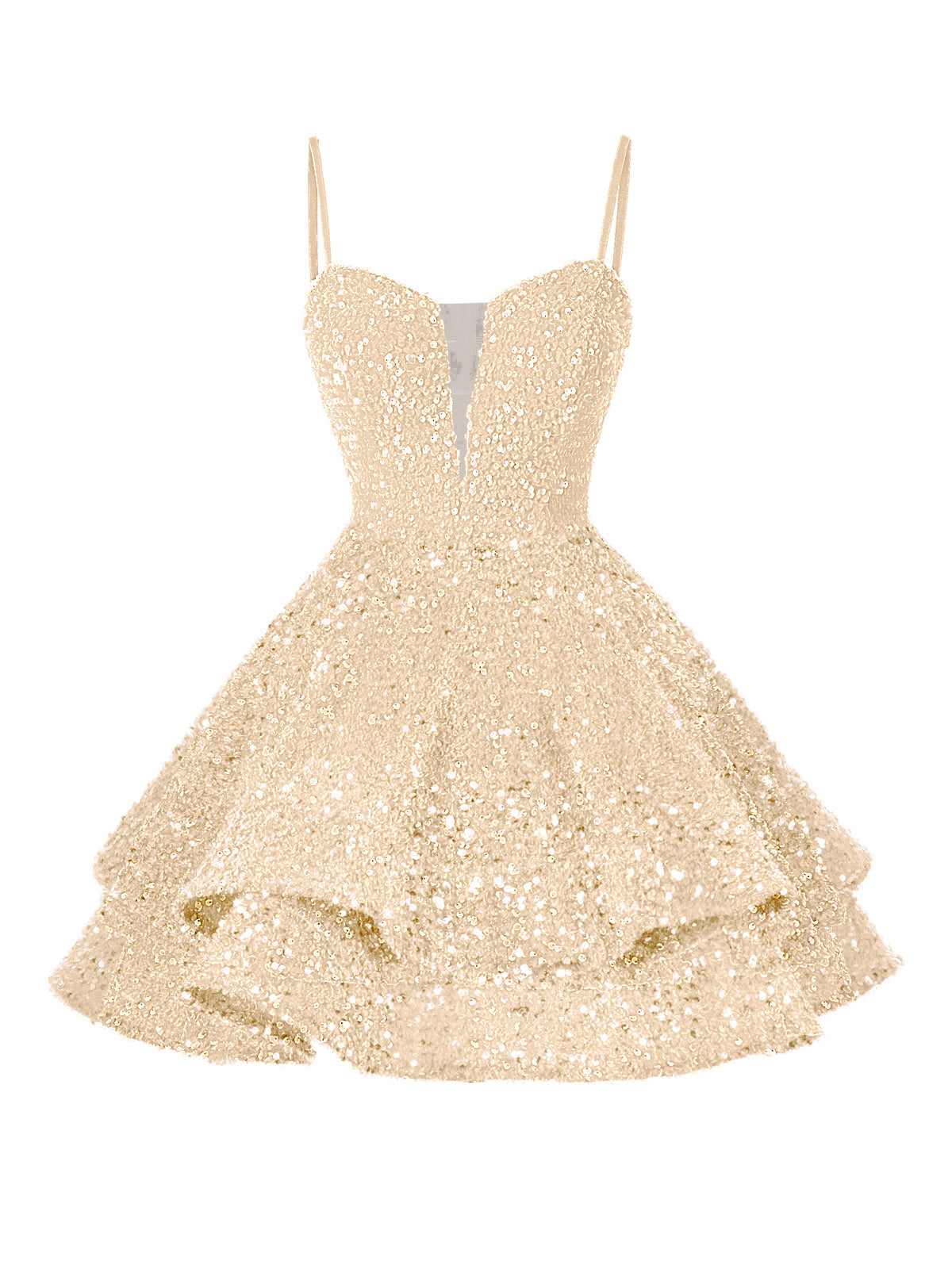 A-Line/Princess Sequin Mini Homecoming Dresses with Spaghetti Straps & Tiered Layers