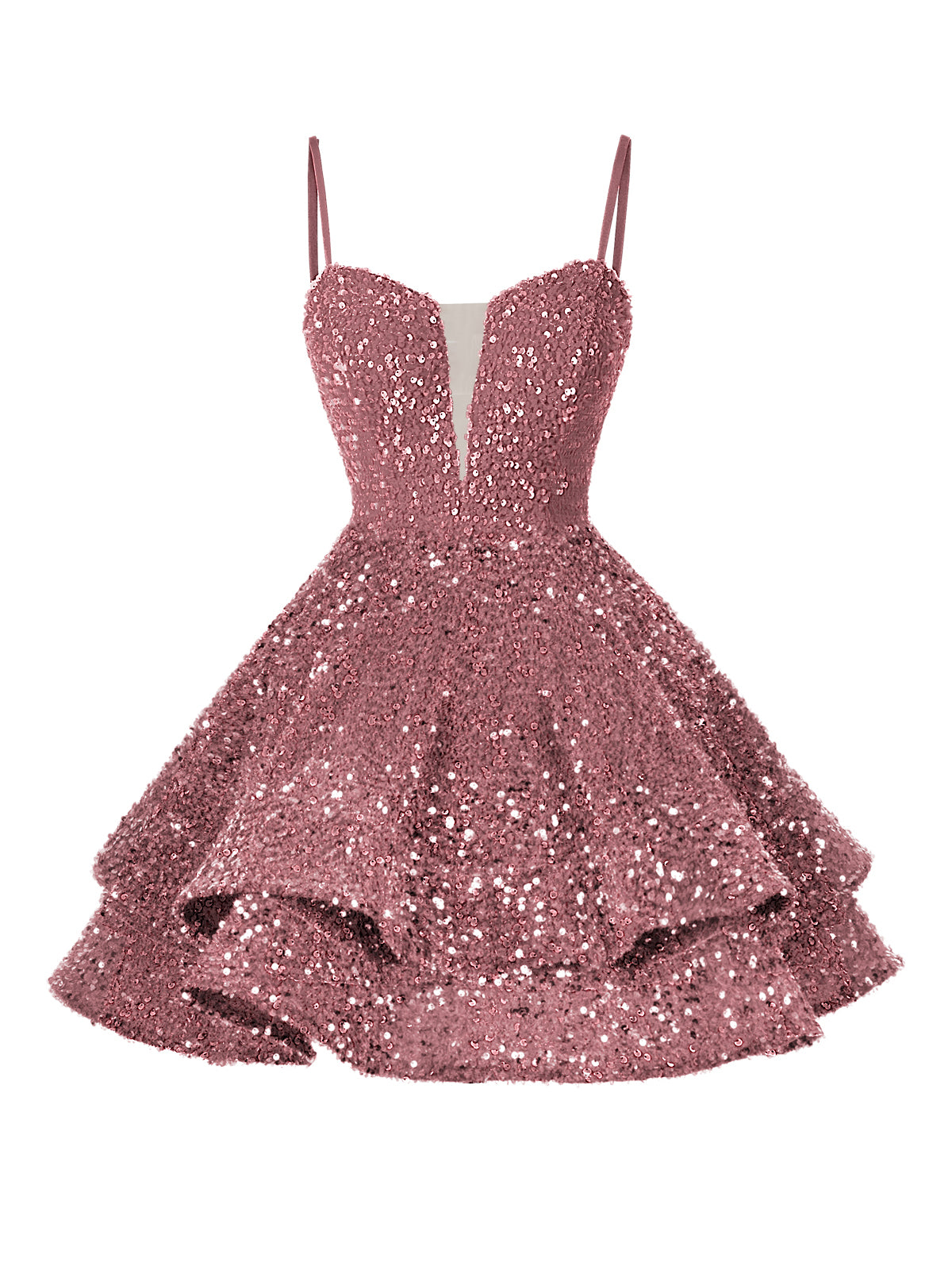 A-Line/Princess Sequin Mini Homecoming Dresses with Spaghetti Straps & Tiered Layers