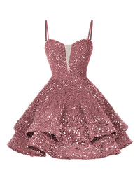 A-Line/Princess Sequin Mini Homecoming Dresses with Spaghetti Straps & Tiered Layers