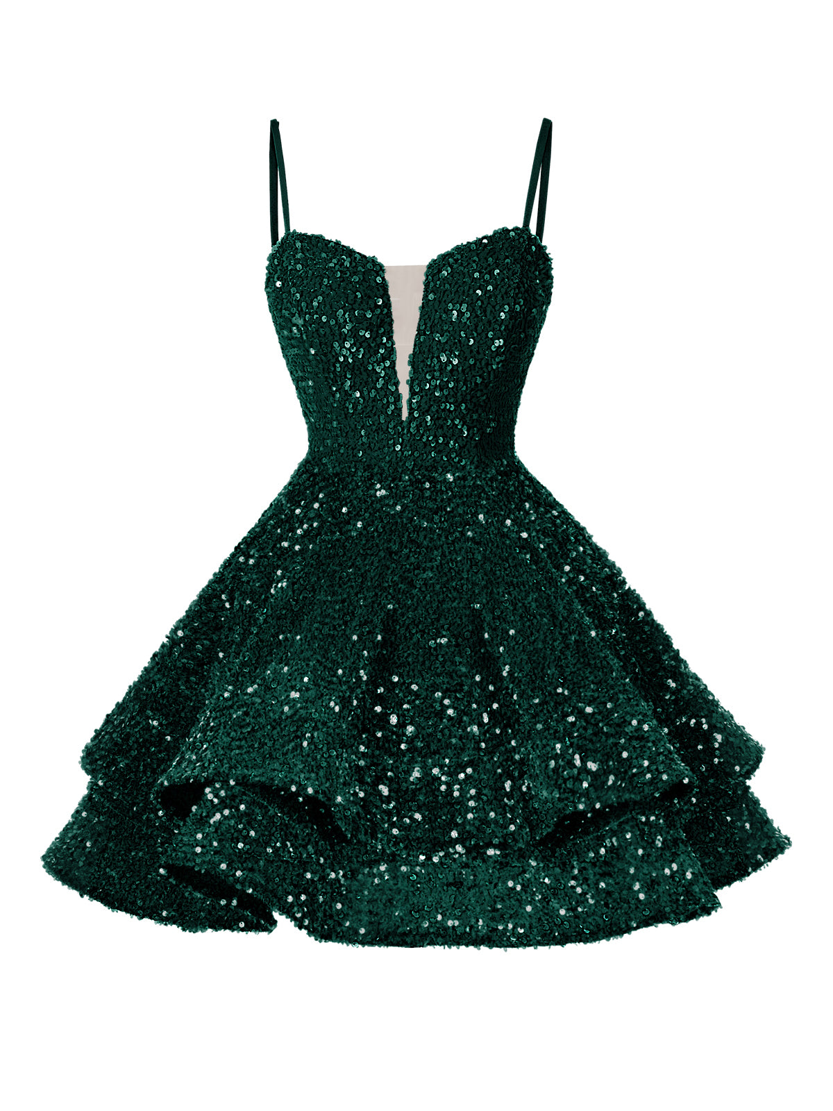 A-Line/Princess Sequin Mini Homecoming Dresses with Spaghetti Straps & Tiered Layers