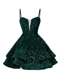 A-Line/Princess Sequin Mini Homecoming Dresses with Spaghetti Straps & Tiered Layers