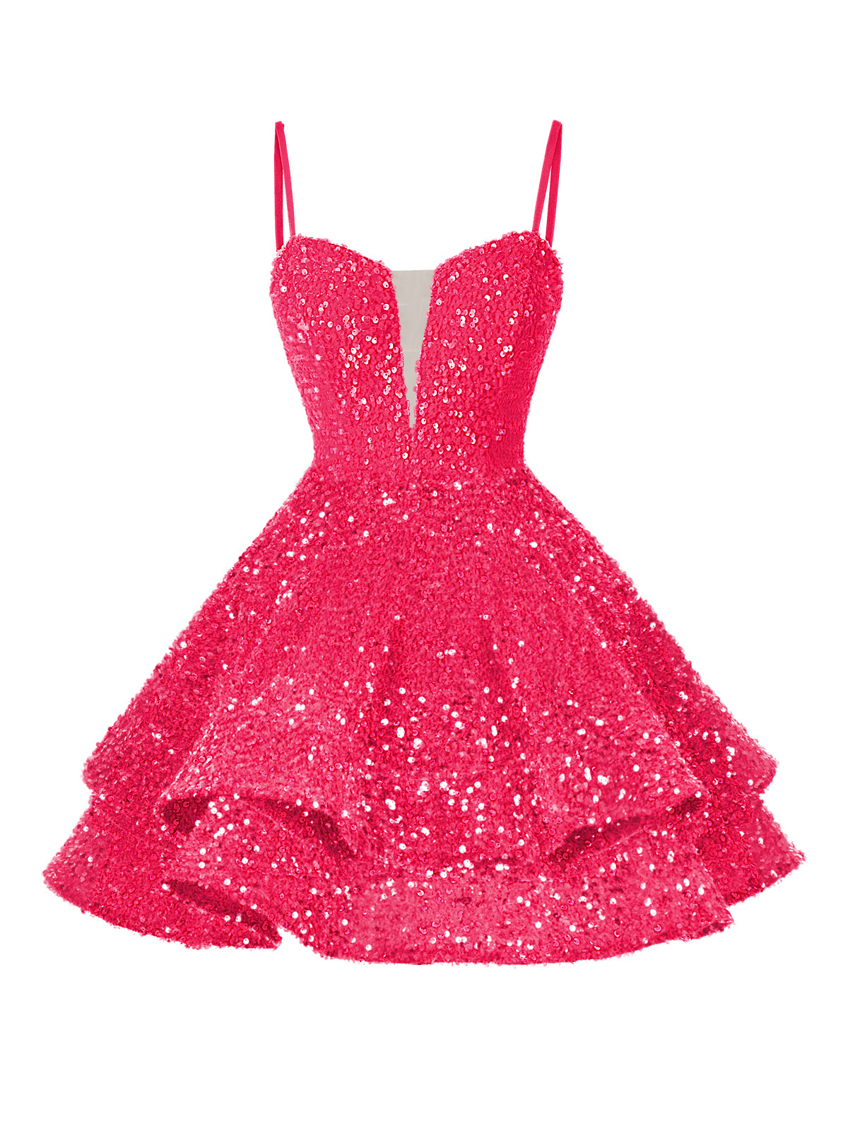 A-Line/Princess Sequin Mini Homecoming Dresses with Spaghetti Straps & Tiered Layers