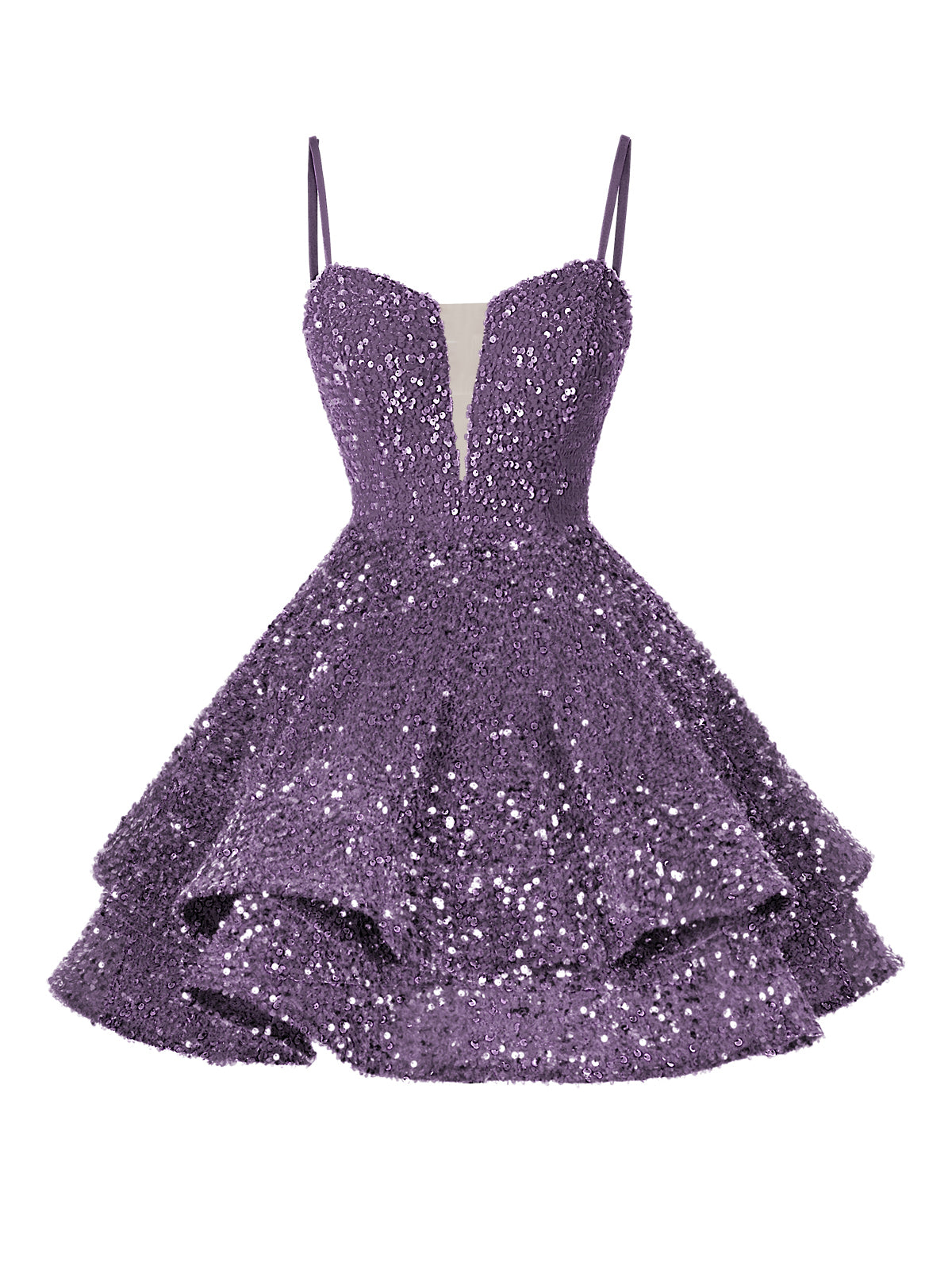 A-Line/Princess Sequin Mini Homecoming Dresses with Spaghetti Straps & Tiered Layers