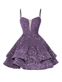 A-Line/Princess Sequin Mini Homecoming Dresses with Spaghetti Straps & Tiered Layers