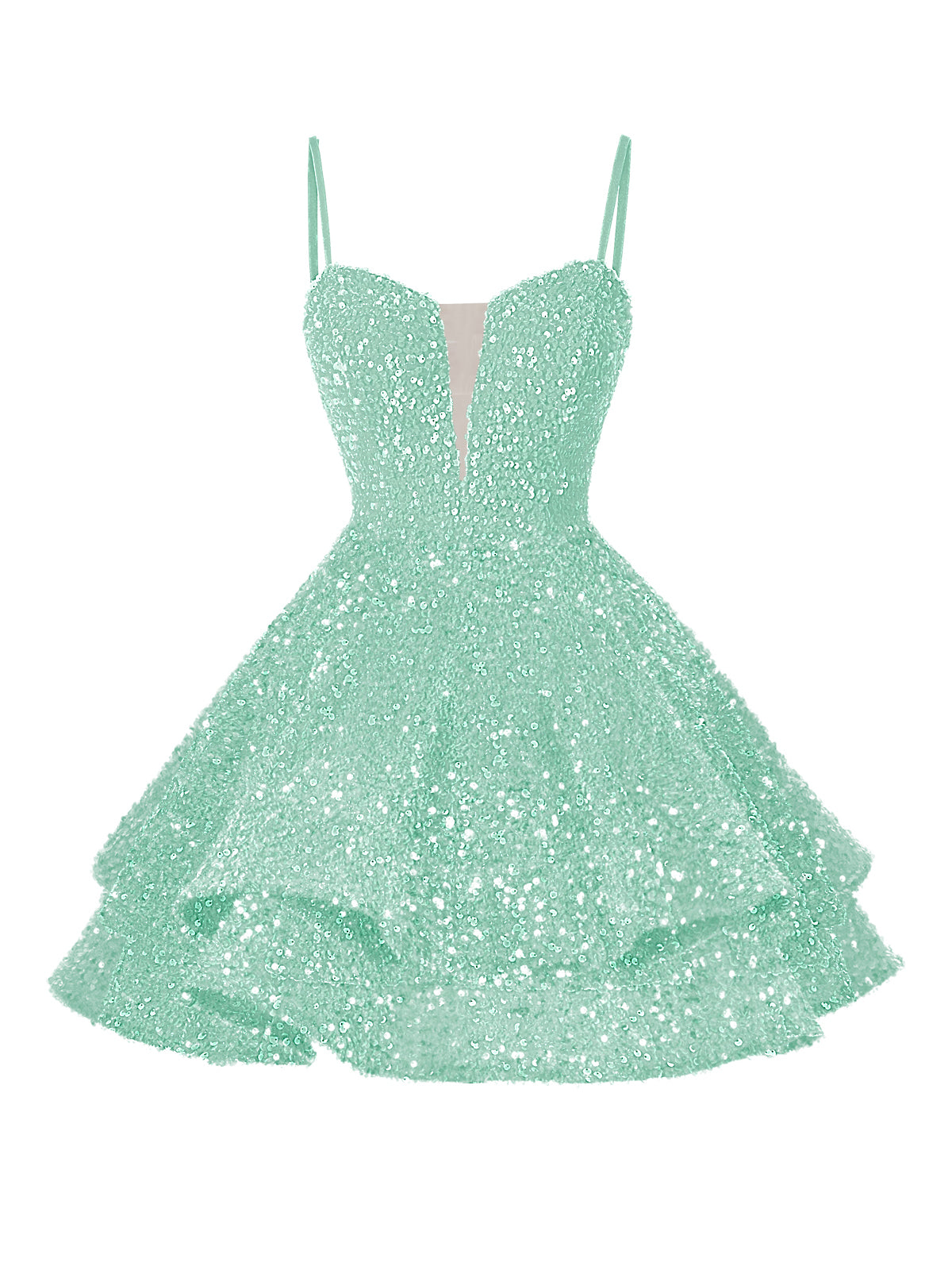 A-Line/Princess Sequin Mini Homecoming Dresses with Spaghetti Straps & Tiered Layers
