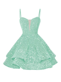A-Line/Princess Sequin Mini Homecoming Dresses with Spaghetti Straps & Tiered Layers