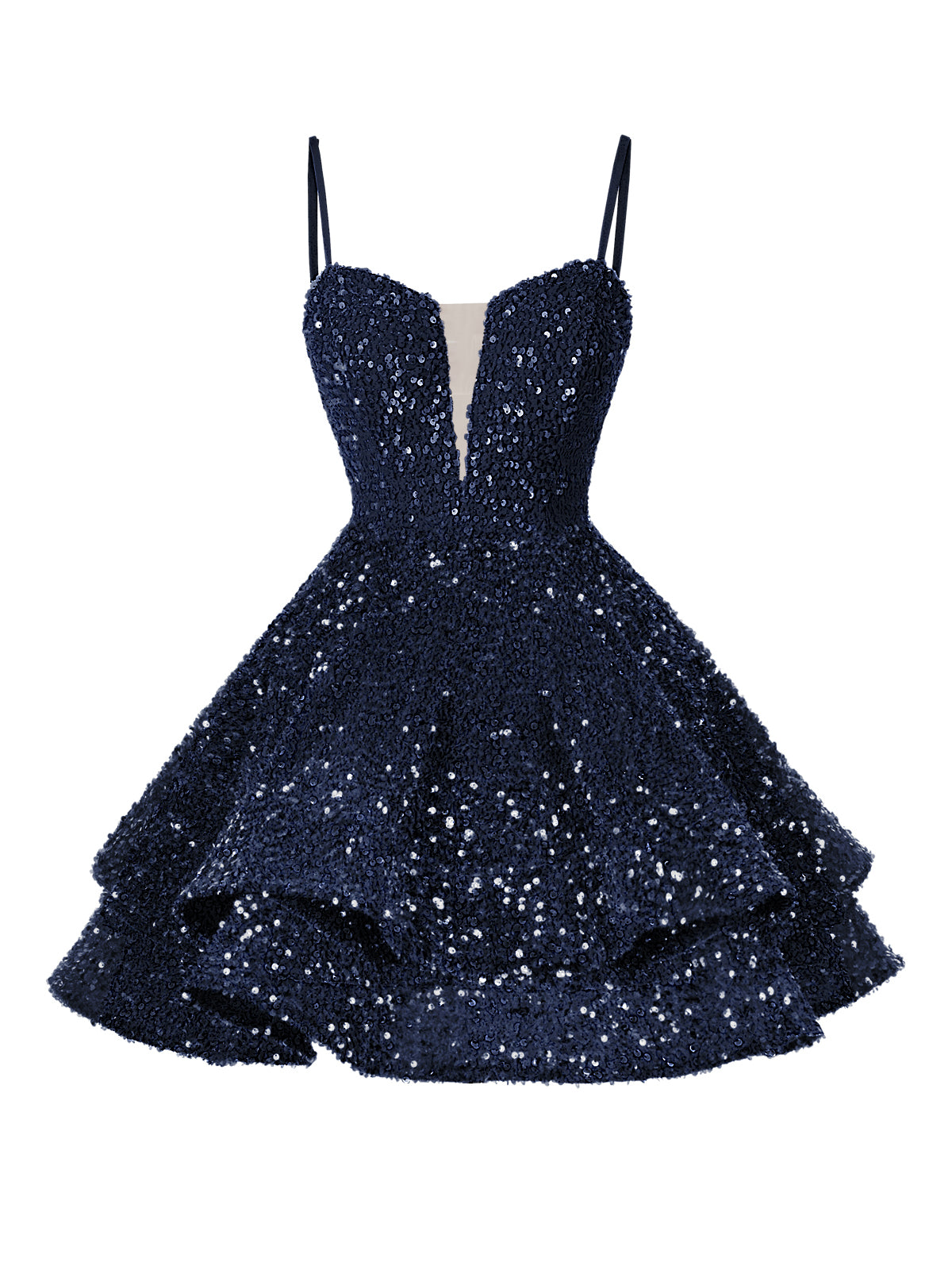 A-Line/Princess Sequin Mini Homecoming Dresses with Spaghetti Straps & Tiered Layers