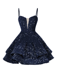 A-Line/Princess Sequin Mini Homecoming Dresses with Spaghetti Straps & Tiered Layers
