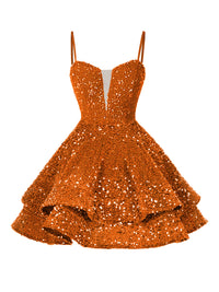A-Line/Princess Sequin Mini Homecoming Dresses with Spaghetti Straps & Tiered Layers