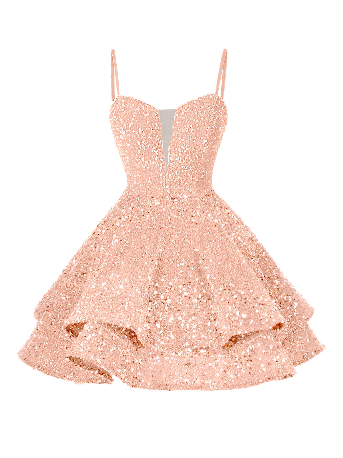 A-Line/Princess Sequin Mini Homecoming Dresses with Spaghetti Straps & Tiered Layers