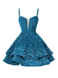 A-Line/Princess Sequin Mini Homecoming Dresses with Spaghetti Straps & Tiered Layers