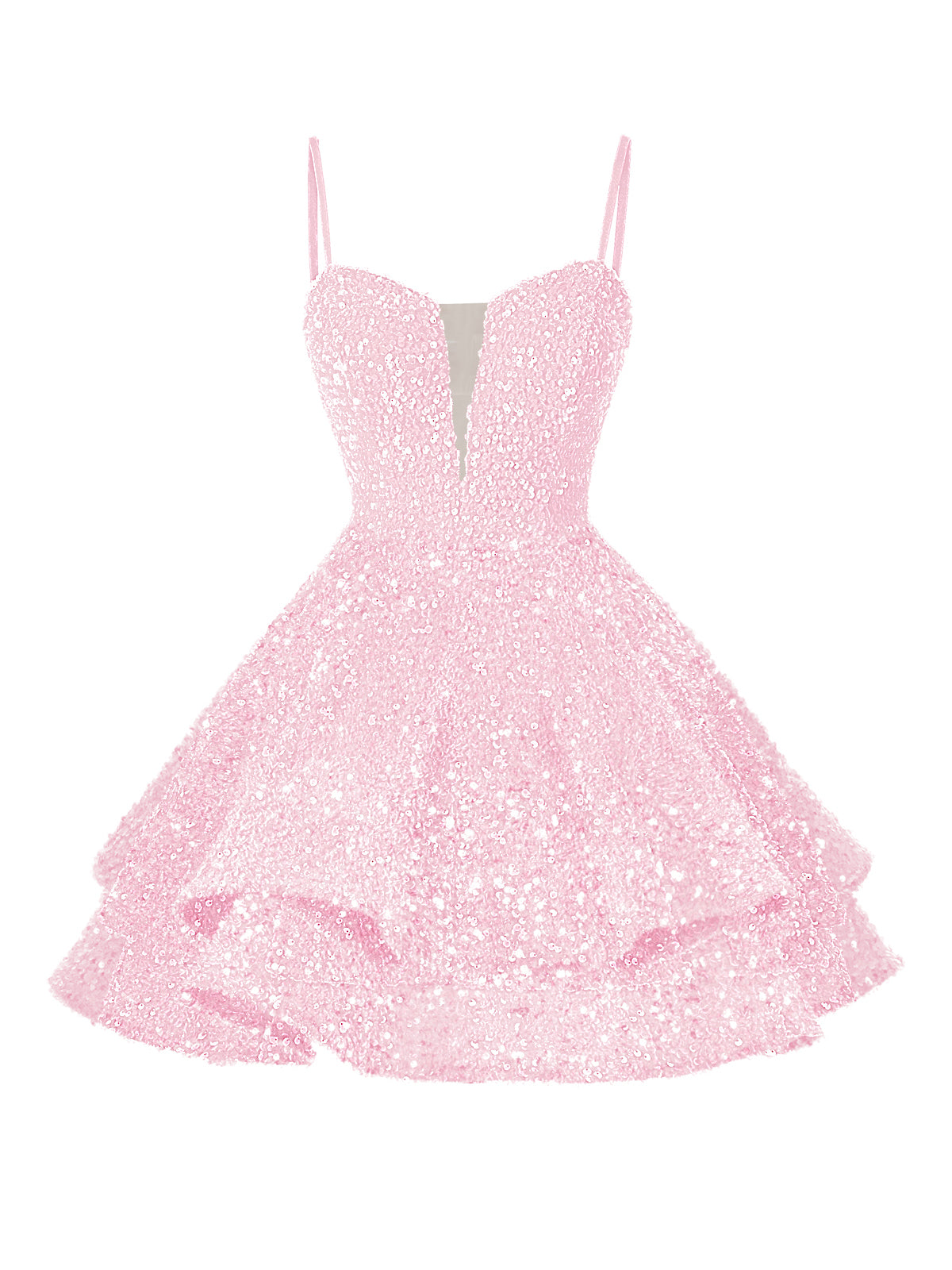 A-Line/Princess Sequin Mini Homecoming Dresses with Spaghetti Straps & Tiered Layers