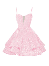 A-Line/Princess Sequin Mini Homecoming Dresses with Spaghetti Straps & Tiered Layers