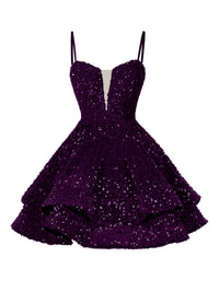A-Line/Princess Sequin Mini Homecoming Dresses with Spaghetti Straps & Tiered Layers