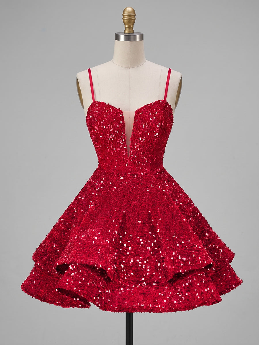 A-Line/Princess Sequin Mini Homecoming Dresses with Spaghetti Straps & Tiered Layers