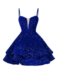 A-Line/Princess Sequin Mini Homecoming Dresses with Spaghetti Straps & Tiered Layers