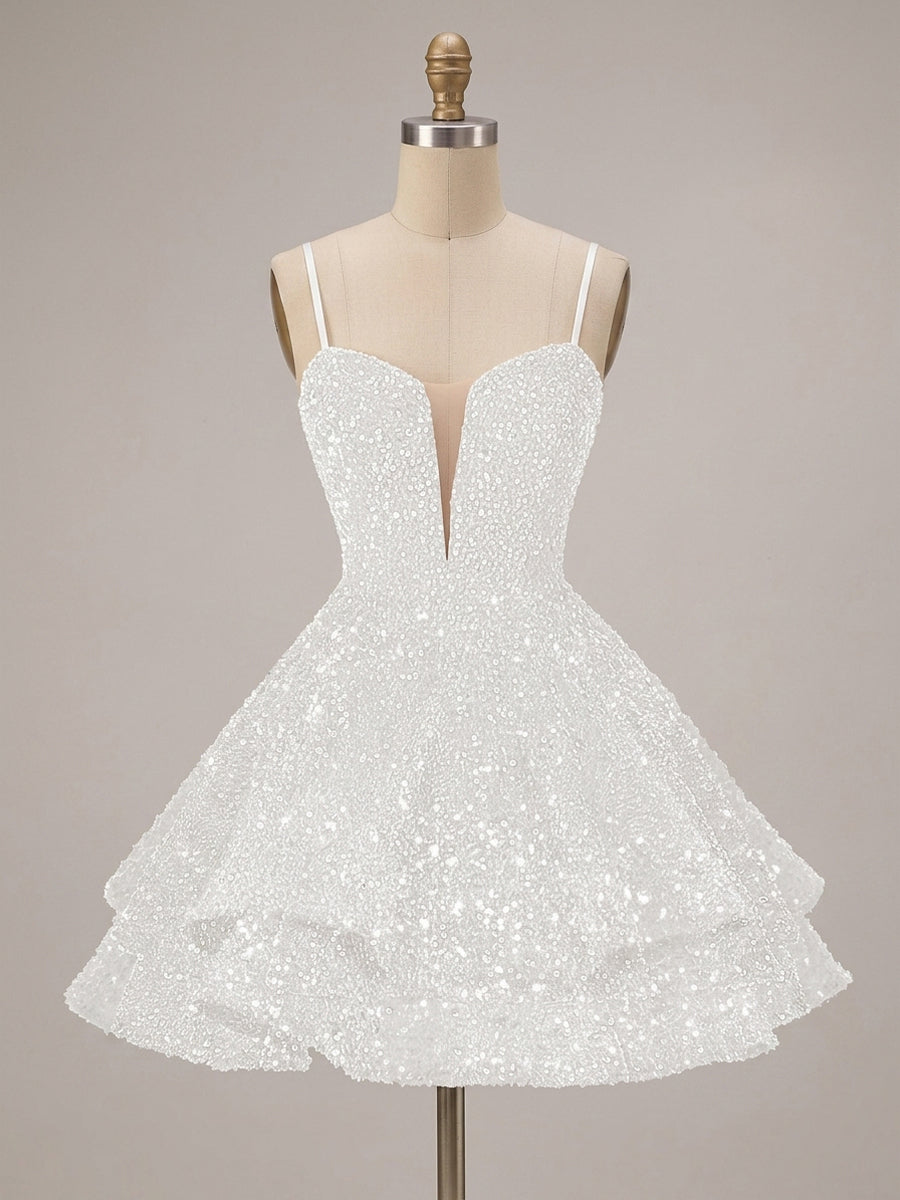 A-Line/Princess Sequin Mini Homecoming Dresses with Spaghetti Straps & Tiered Layers