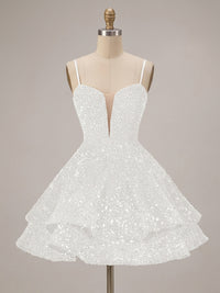 A-Line/Princess Sequin Mini Homecoming Dresses with Spaghetti Straps & Tiered Layers