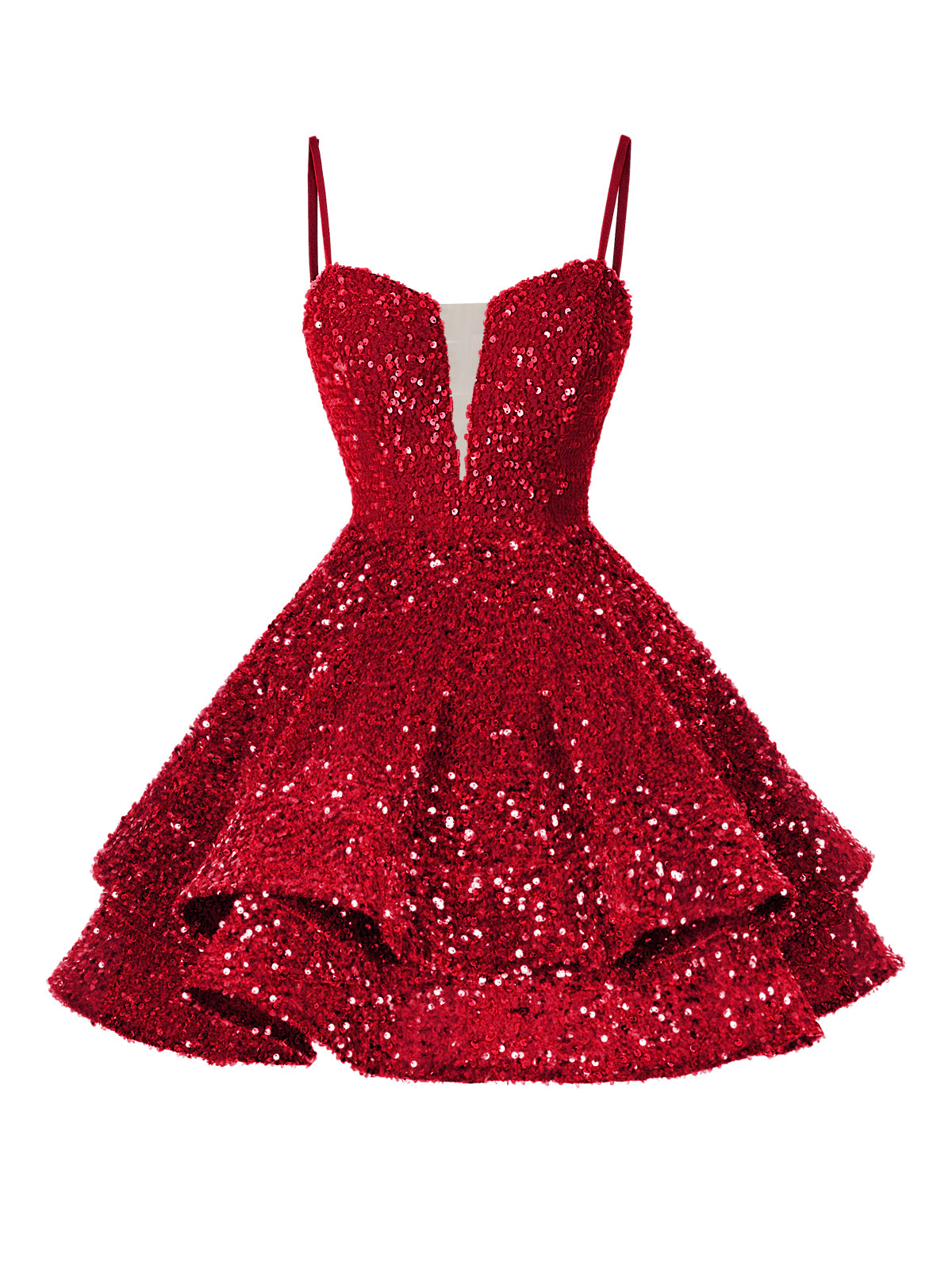 A-Line/Princess Sequin Mini Homecoming Dresses with Spaghetti Straps & Tiered Layers