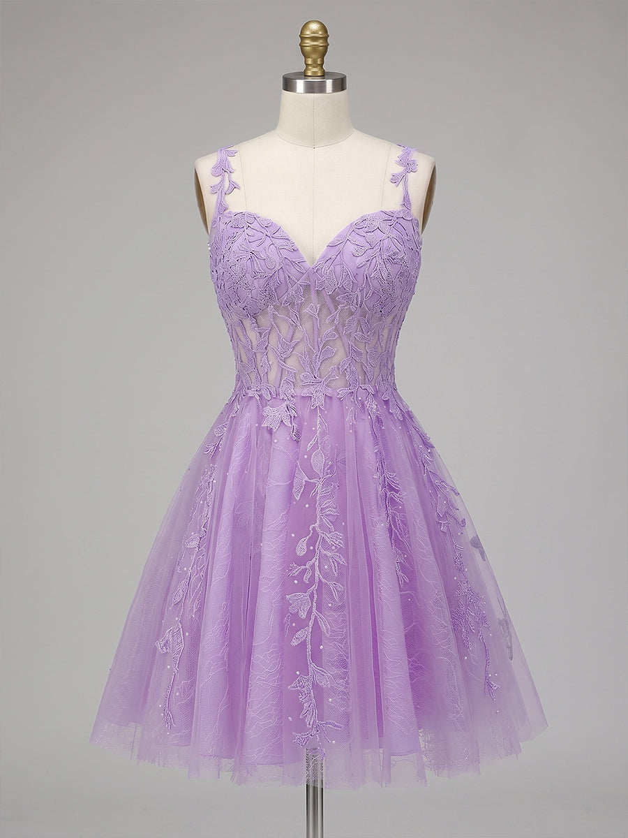 A-Line/Princess Tulle Corset Mini Homecoming Dresses with Lace Appliques & Pleats