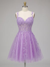 A-Line/Princess Tulle Corset Mini Homecoming Dresses with Lace Appliques & Pleats