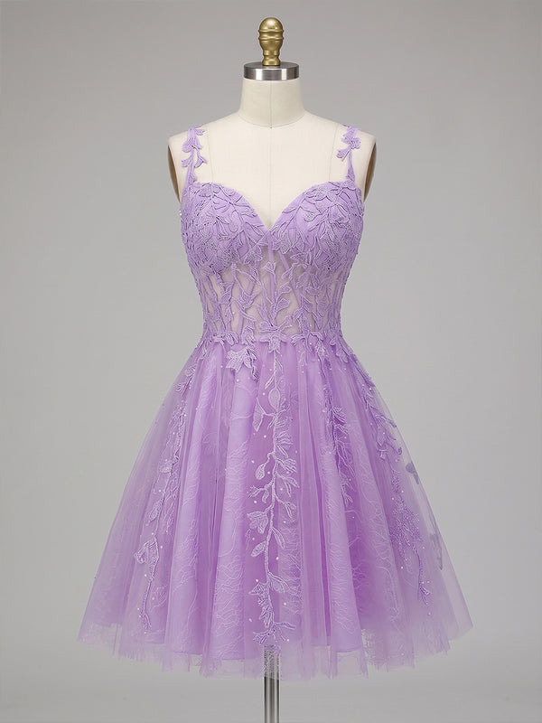 A-Line/Princess Tulle Corset Mini Homecoming Dresses with Lace Appliques & Pleats