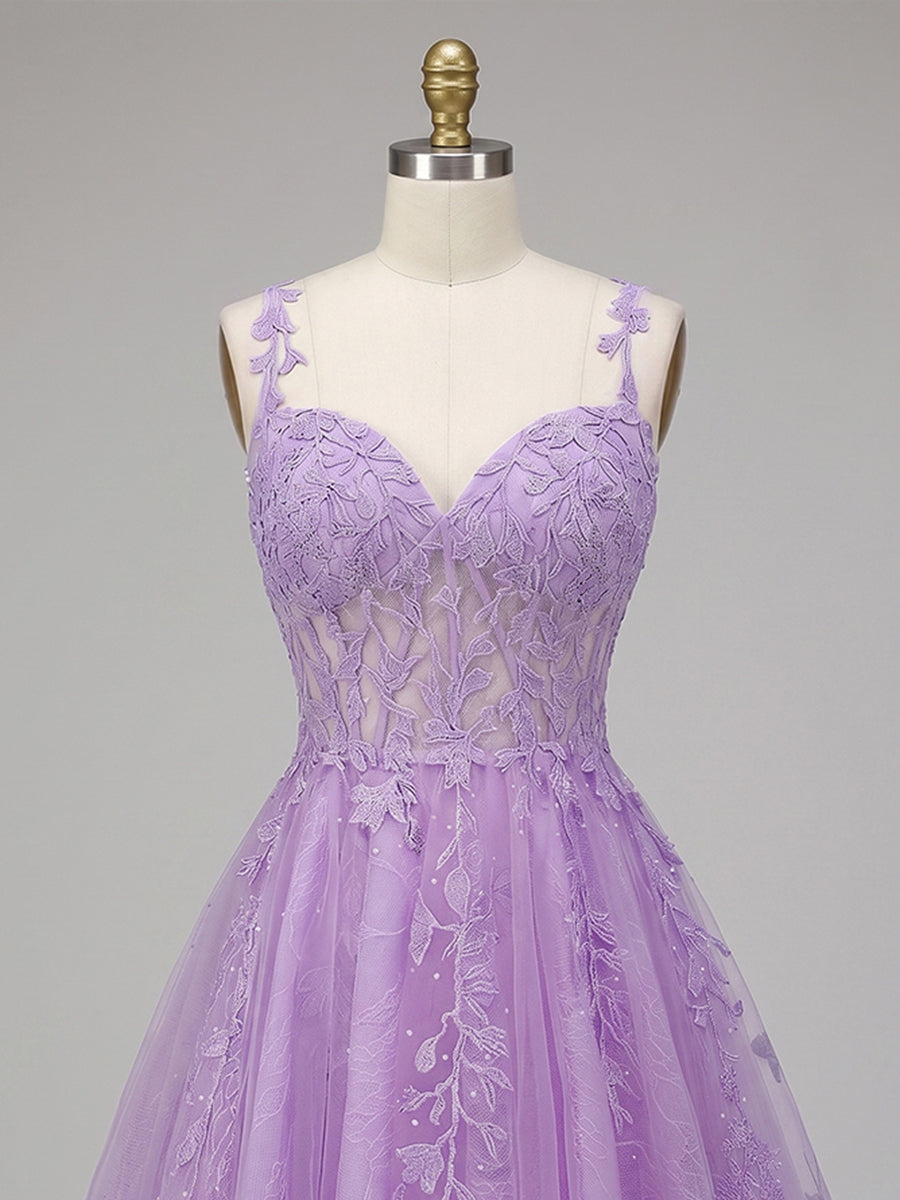A-Line/Princess Tulle Corset Mini Homecoming Dresses with Lace Appliques & Pleats