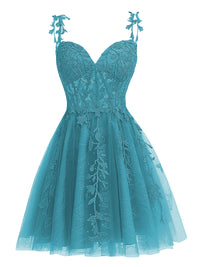 A-Line/Princess Tulle Corset Mini Homecoming Dresses with Lace Appliques & Pleats