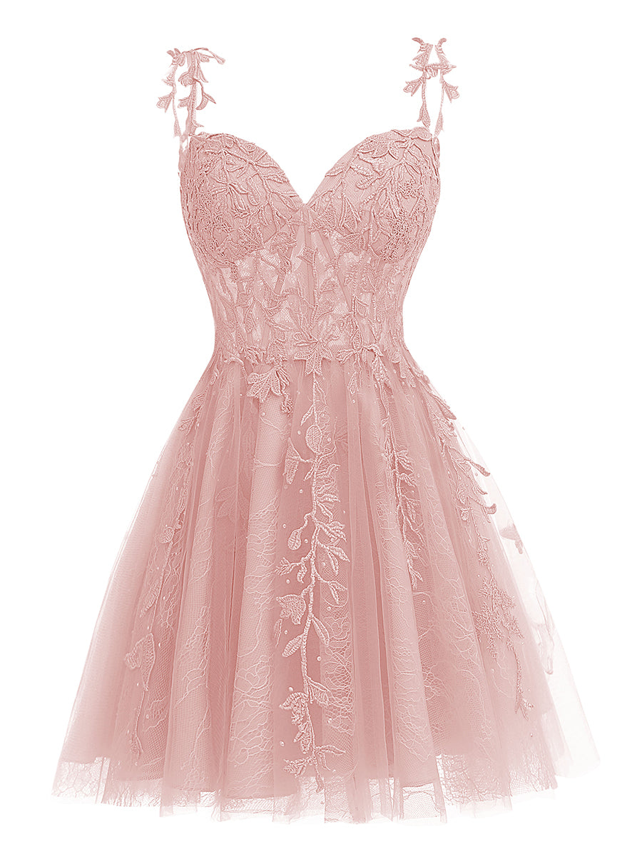 A-Line/Princess Tulle Corset Mini Homecoming Dresses with Lace Appliques & Pleats