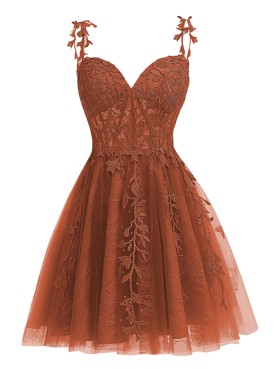 A-Line/Princess Tulle Corset Mini Homecoming Dresses with Lace Appliques & Pleats