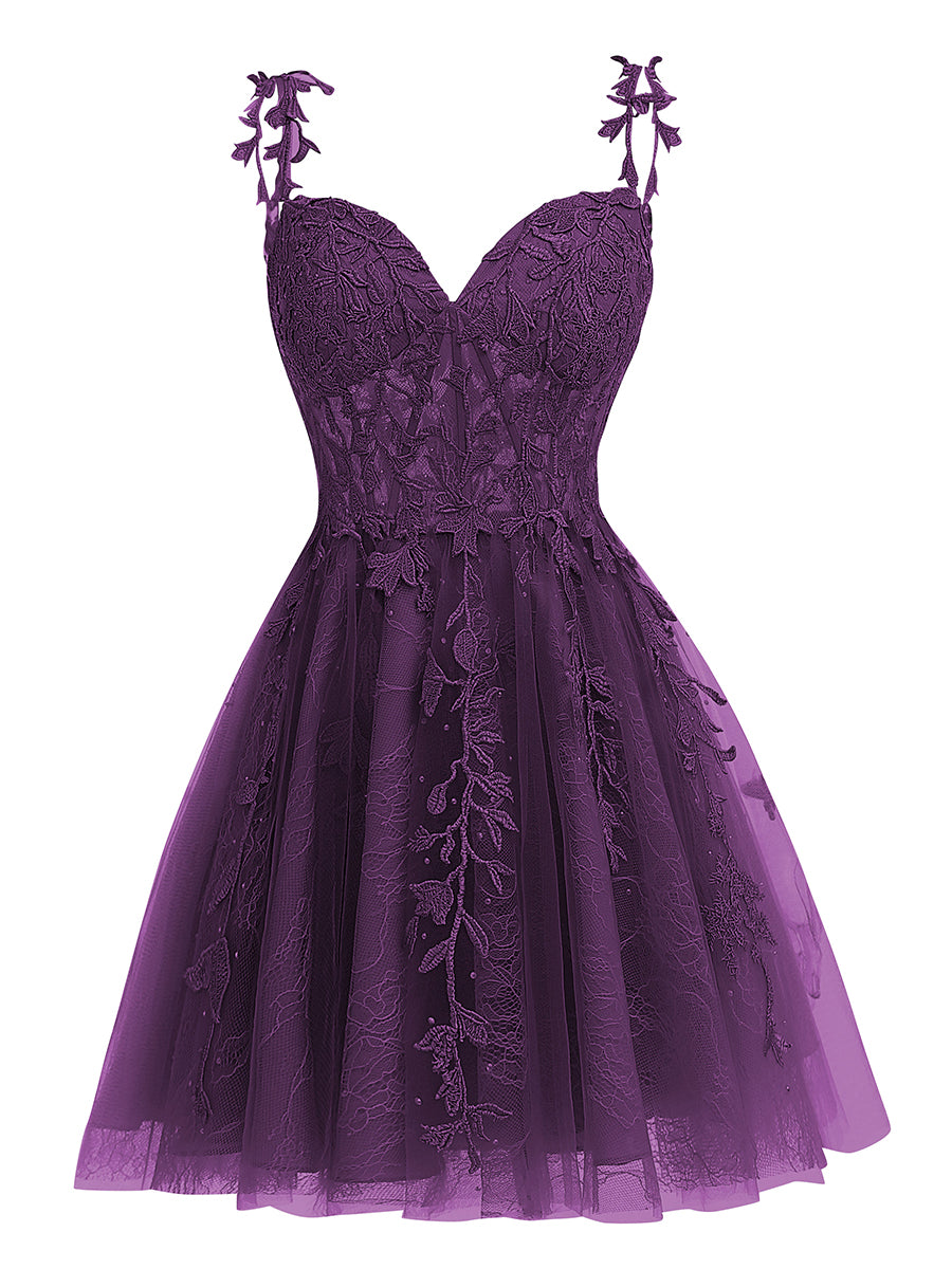 A-Line/Princess Tulle Corset Mini Homecoming Dresses with Lace Appliques & Pleats