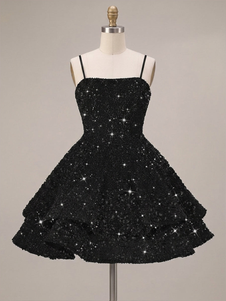 A-Line/Princess Mini Sparkly Sequin Tiered Homecoming Dresses with Spaghetti Straps