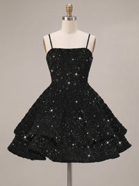 A-Line/Princess Mini Sparkly Sequin Tiered Homecoming Dresses with Spaghetti Straps