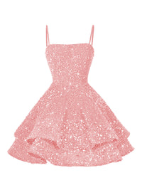 A-Line/Princess Mini Sparkly Sequin Tiered Homecoming Dresses with Spaghetti Straps
