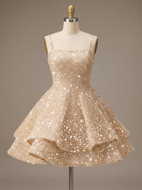 A-Line/Princess Mini Sparkly Sequin Tiered Homecoming Dresses with Spaghetti Straps