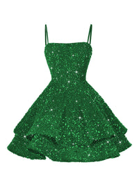 A-Line/Princess Mini Sparkly Sequin Tiered Homecoming Dresses with Spaghetti Straps