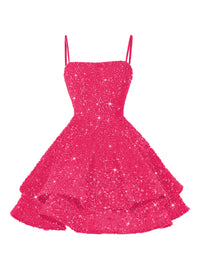 A-Line/Princess Mini Sparkly Sequin Tiered Homecoming Dresses with Spaghetti Straps