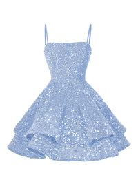A-Line/Princess Mini Sparkly Sequin Tiered Homecoming Dresses with Spaghetti Straps