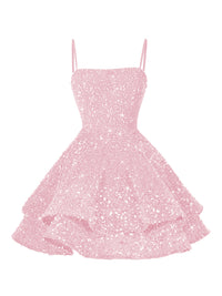 A-Line/Princess Mini Sparkly Sequin Tiered Homecoming Dresses with Spaghetti Straps
