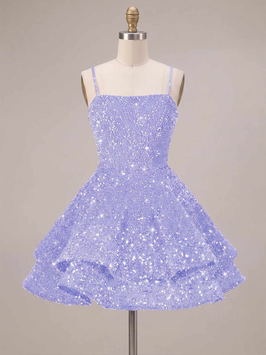 A-Line/Princess Mini Sparkly Sequin Tiered Homecoming Dresses with Spaghetti Straps