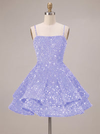 A-Line/Princess Mini Sparkly Sequin Tiered Homecoming Dresses with Spaghetti Straps