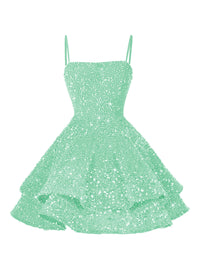 A-Line/Princess Mini Sparkly Sequin Tiered Homecoming Dresses with Spaghetti Straps