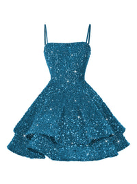 A-Line/Princess Mini Sparkly Sequin Tiered Homecoming Dresses with Spaghetti Straps