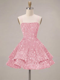 A-Line/Princess Mini Sparkly Sequin Tiered Homecoming Dresses with Spaghetti Straps