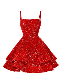 A-Line/Princess Mini Sparkly Sequin Tiered Homecoming Dresses with Spaghetti Straps