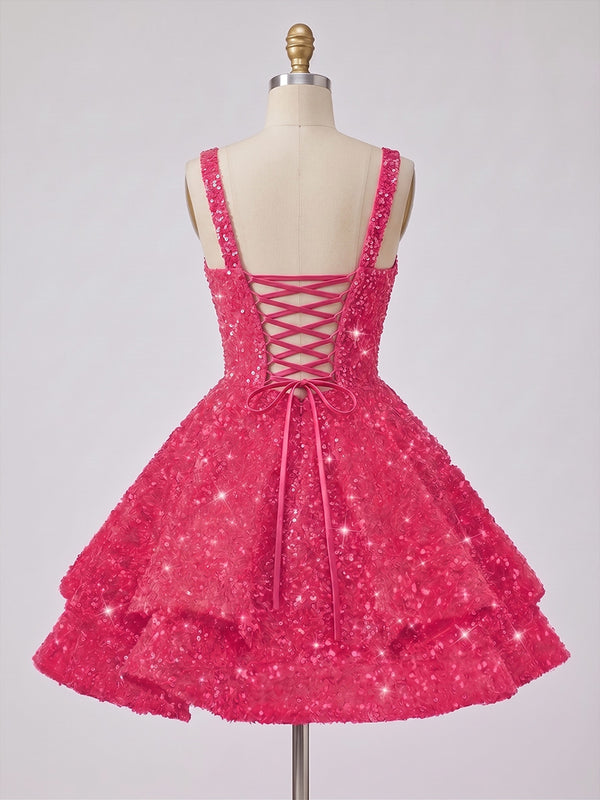 A-Line/Princess Sparkly Sequin Tiered Mini Homecoming Dresses