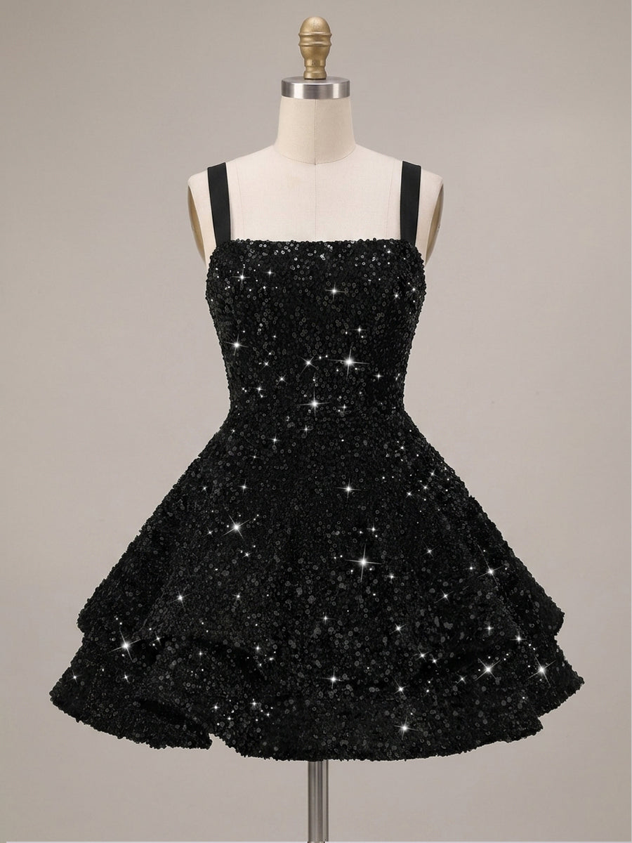 A-Line/Princess Sparkly Sequin Tiered Mini Homecoming Dresses
