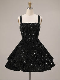 A-Line/Princess Sparkly Sequin Tiered Mini Homecoming Dresses